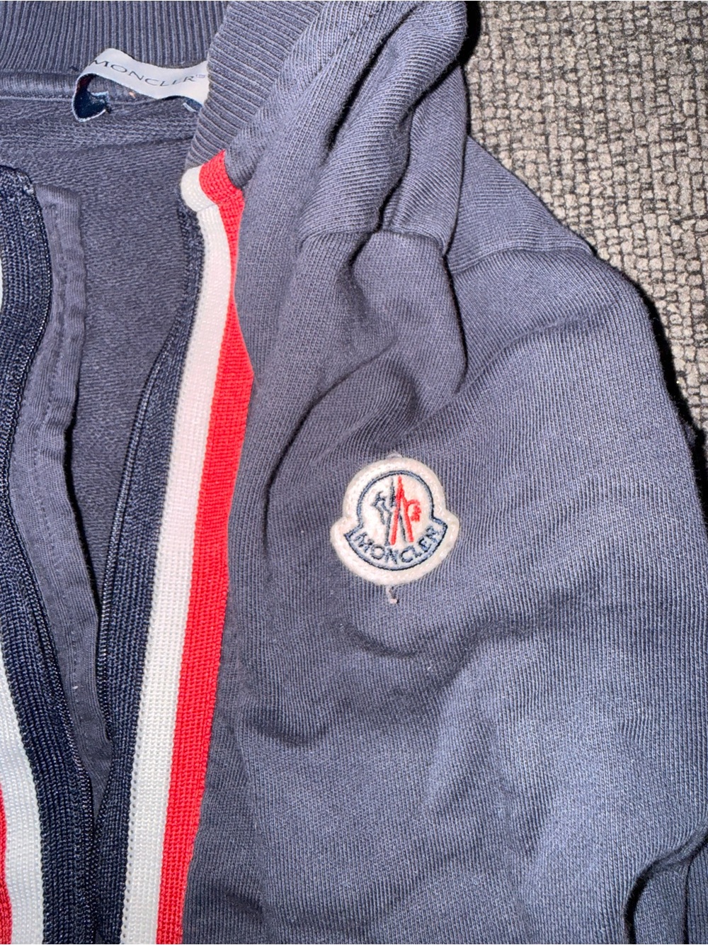 Moncler Men's Navy Zip-Up Sweater Hoodie with Red and White Tricolor Trim